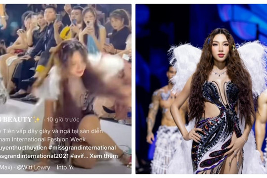 Hoa hậu Thùy Tiên té cực đau trên sàn catwalk nhưng pha xử lí chuyên nghiệp khiến ai cũng thán phục