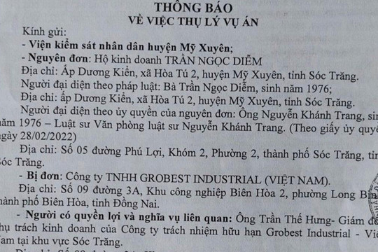 Hộ kinh doanh khởi kiện yêu cầu Công Grobest Industrial Việt Nam bồi thường hơn 16 tỷ