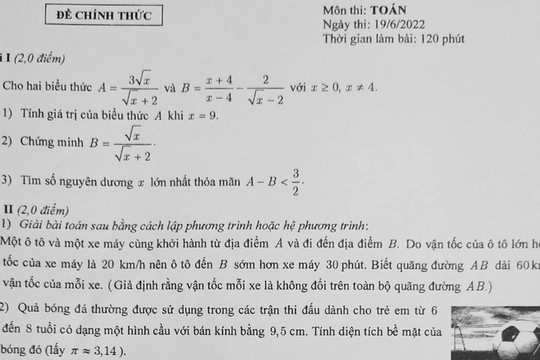 Đề Toán vào lớp 10 ở Hà Nội