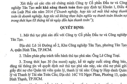 Có căn cứ chứng minh Công ty Tân Tạo mất khả năng thanh toán theo quy định 