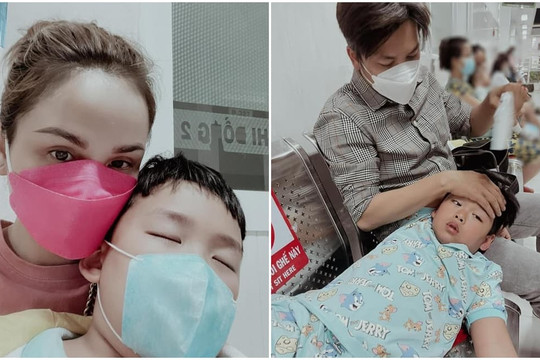 Con trai Diễm Hương khóc nấc khi đau nhức và sốt cao vì viêm tai trong, ông xã nàng Hậu tất bật lo cho cậu bé
