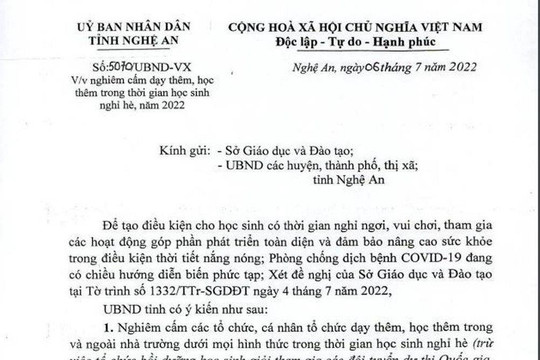 UBND tỉnh Nghệ An chỉ đạo nghiêm cấm dạy thêm, học thêm