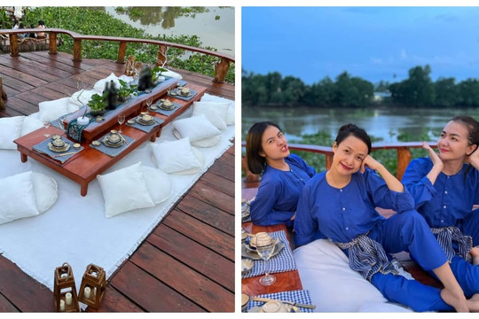 Vân Trang rủ hội bạn thân cắm trại ở khu nghỉ dưỡng riêng, diện dresscode đậm chất miền Tây sông nước