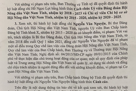 Kỷ luật Chủ tịch và Phó Chủ tịch Hội Nông dân tỉnh Đồng Tháp