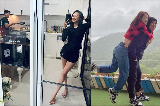 Nhã Phương selfie khoe dáng 'mẹ bỉm' nhưng hình ảnh Trường Giang cầm chảo nấu ăn phía sau mới chiếm sóng hơn cả