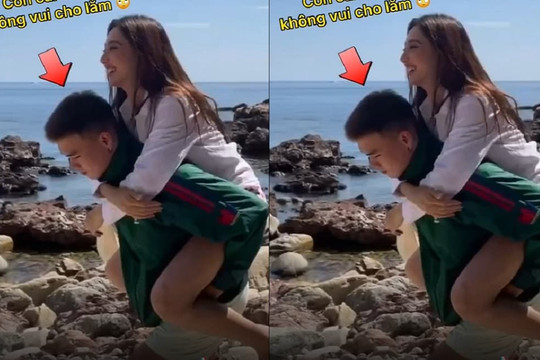 Hoa hậu Thùy Tiên được trai lạ cõng, dân mạng 'phát hờn' dùm Quang Linh Vlog