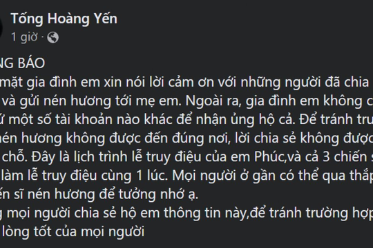Gia đình 3 cán bộ chiến sĩ Cảnh sát PCCC hy sinh không kêu gọi phúng điếu trên mạng xã hội