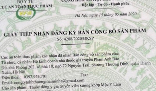 Cục An toàn thực phẩm: Giấy tiếp nhận đăng ký bản công bố sản phẩm viên xương khớp Mộc Y Lâm là giả mạo