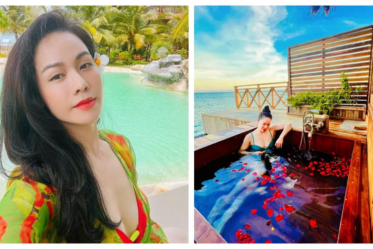 Nhật Kim Anh tắm lộ thiên với đồ bơi cực nóng bỏng khoe vòng 1 căng đầy