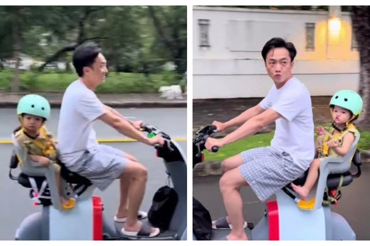 Cường Đô La hóa bố bỉm cuối tuần đạp xe đèo con đi chơi, biểu cảm đồng điệu với ái nữ đốn tim fan