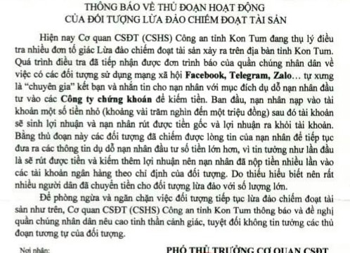 Cảnh báo thủ đoạn lừa đảo chiếm đoạt tài sản bằng hình thức dụ dỗ đầu tư chứng khoán