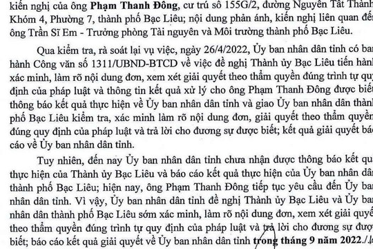 Vụ Trưởng phòng TNMT TP. Bạc Liêu bị tố vi phạm pháp luật: Chủ tịch tỉnh ra “tối hậu thư” 