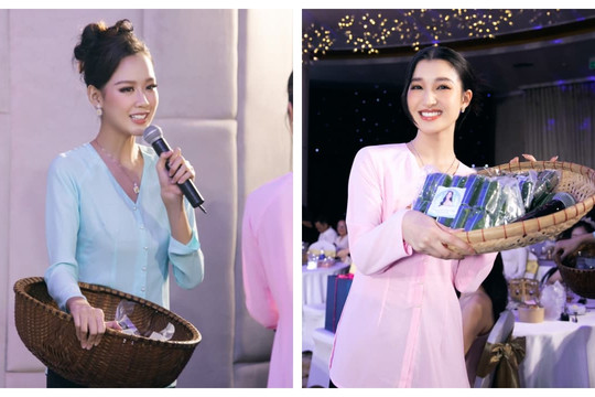 Á hậu Phương Nhi và Bảo Ngọc diện bà ba, rao bán nem chua và bánh tét gây quỹ từ thiện