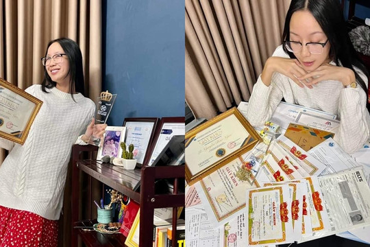 Hậu đăng quang Miss Intercontinental, Bảo Ngọc tung ảnh chụp cùng 'núi' giấy khen, chuẩn 'Hoa hậu học giỏi'