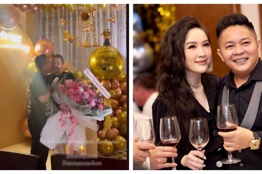 Bảo Thy và chồng ôm hôn tình tứ trong tiệc kỉ niệm 3 năm ngày cưới