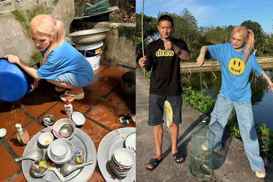 'Nàng dâu hào môn' Xoài Non rửa bát với khuôn mặt kém vui khi về quê nội ở Thái Bình