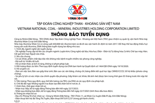 Công ty nhôm Đắk Nông – TKV (DNA) thông báo tuyển dụng