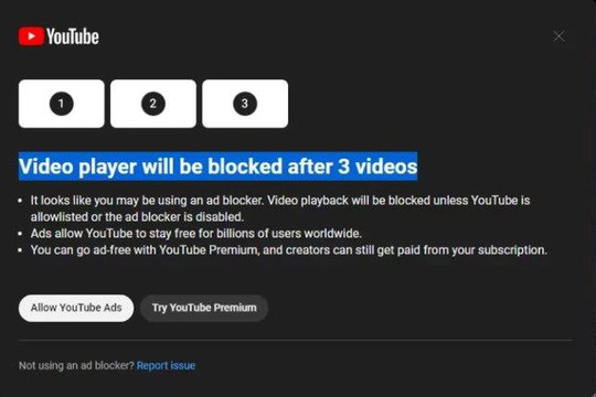 YouTube thử nghiệm cấm xem video nếu cài phần mềm chặn quảng cáo
