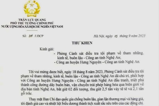 Phó Thủ tướng Chính phủ gửi Thư khen các đơn vị thuộc Công an tỉnh Nghệ An