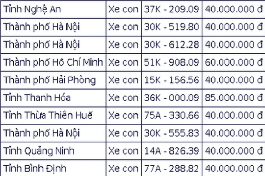 Đấu giá biển số sáng 6/10: Chốt giá 40 triệu đồng cho nhiều biển tam hoa, tứ quý