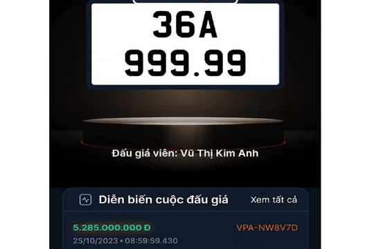 Đấu giá biển số sáng 25/10: Biển số 36A-999.99 chốt 5,285 tỷ đồng khi đấu giá lại