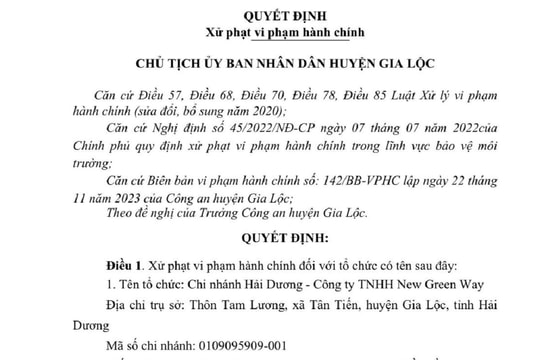 Chi nhánh Công ty TNHH New Green Way bị phạt do vi phạm môi trường