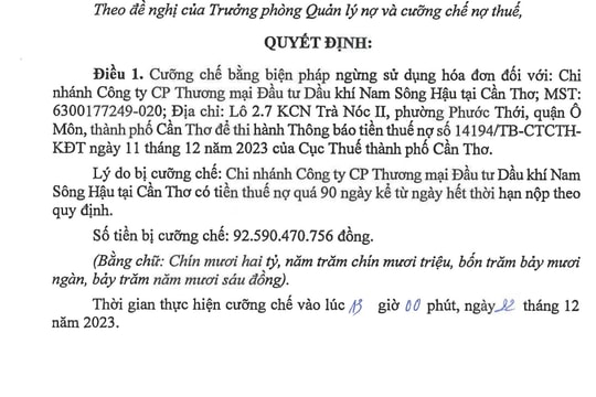 Dầu khí Nam Sông Hậu tại Cần Thơ nợ thuế trên 92 tỷ đồng