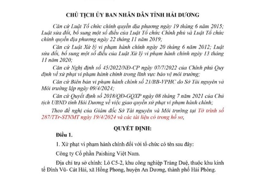 Xả thải vượt quy chuẩn, Công ty Paishing Việt Nam bị phạt 294 triệu đồng