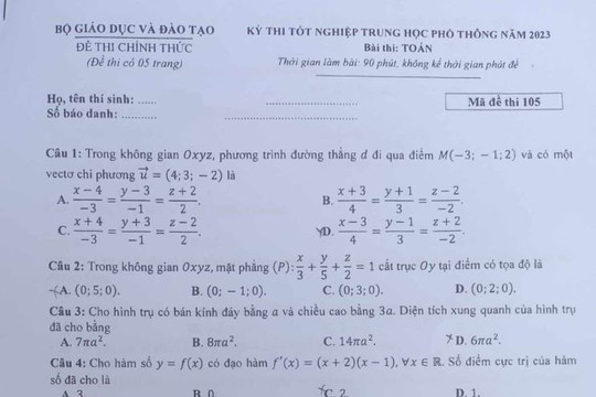 Thi tốt nghiệp THPT 2024: Đề thi và đáp án môn Toán