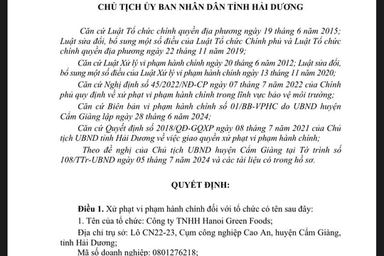 Vi phạm môi trường, Công ty Hanoi Green Foods bị phạt 330 triệu đồng