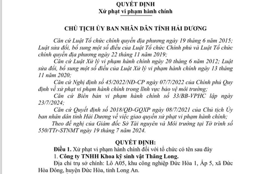 Xử phạt Công ty Khoa kỹ sinh vật Thăng Long 140 triệu đồng