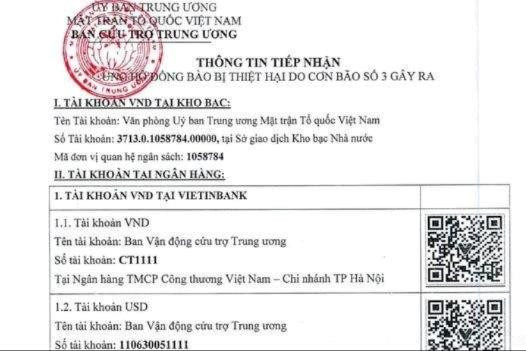 Cập nhật tài khoản ủng hộ đồng bào chịu ảnh hưởng bão số 3