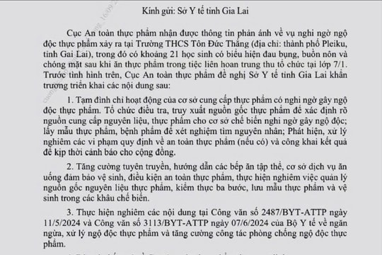Vụ 21 học sinh nghi ngộ độc ở Gia Lai: Cục An toàn thực phẩm (Bộ Y tế) chỉ đạo điều tra
