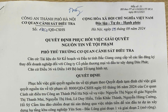 Phục hồi nguồn tin tội phạm dự án KCN Yên Sơn - Bắc Lũng