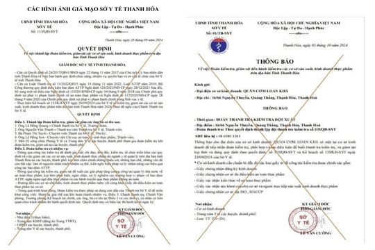 Cảnh báo giả mạo văn bản Sở Y tế Thanh Hóa kiểm tra cơ sở kinh doanh thực phẩm