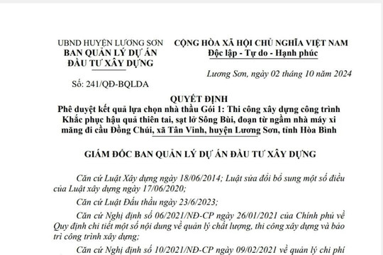 Hòa Bình: Liên danh Công ty Mỹ Phong – Sông Đà trúng gói thầu gần 90 tỷ đồng