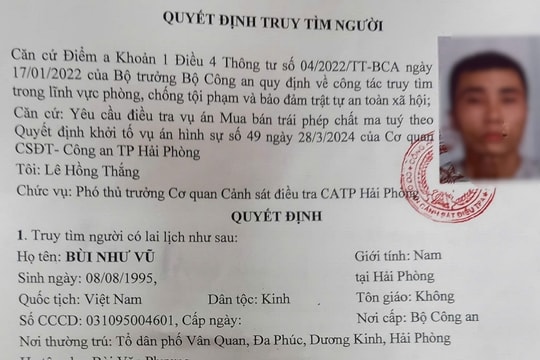 Công an TP. Hải Phòng truy tìm Bùi Như Vũ
