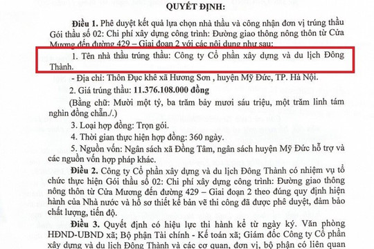 Công ty CP Xây dựng và Du lịch Đông Thành (Mỹ Đức, Hà Nội): Năng lực trúng thầu trăm tỷ