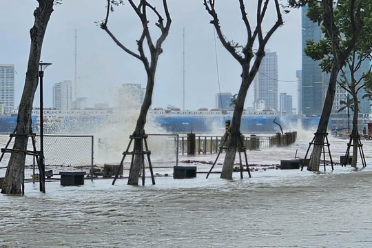 Bão số 12 áp sát, nước sông Hàn dâng cao, bờ kè Như Nguyệt bị sóng đánh hư hại