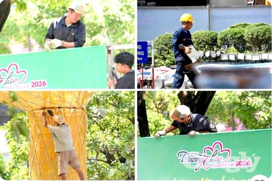 Thi công tất bật trên đường hoa Nguyễn Huệ