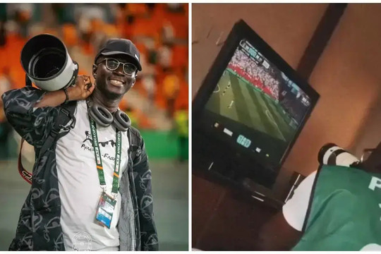 Phóng viên ảnh tuyển Senegal tác nghiệp World Cup qua màn hình tivi