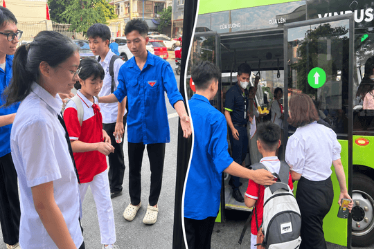 Ấm áp người trẻ tình nguyện đón học sinh lên xe bus điện miễn phí tại Quảng Ninh