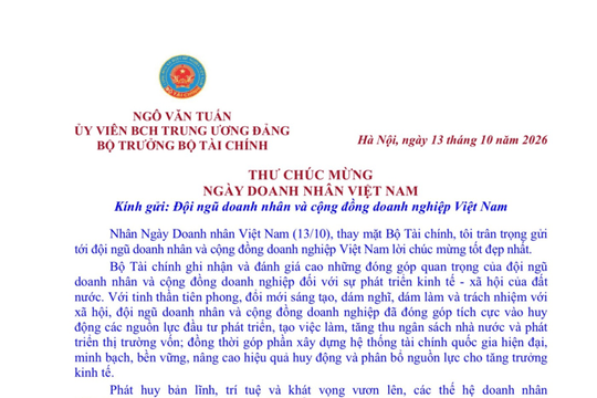 Bộ trưởng Tài chính gửi thư chúc mừng Ngày Doanh nhân Việt Nam 13/10