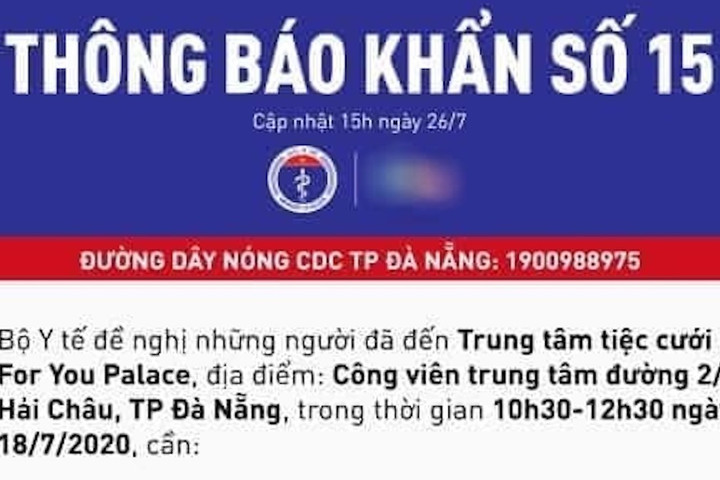 Bộ Y tế thông báo khẩn liên quan bệnh nhân Covid-19 ở Đà Nẵng