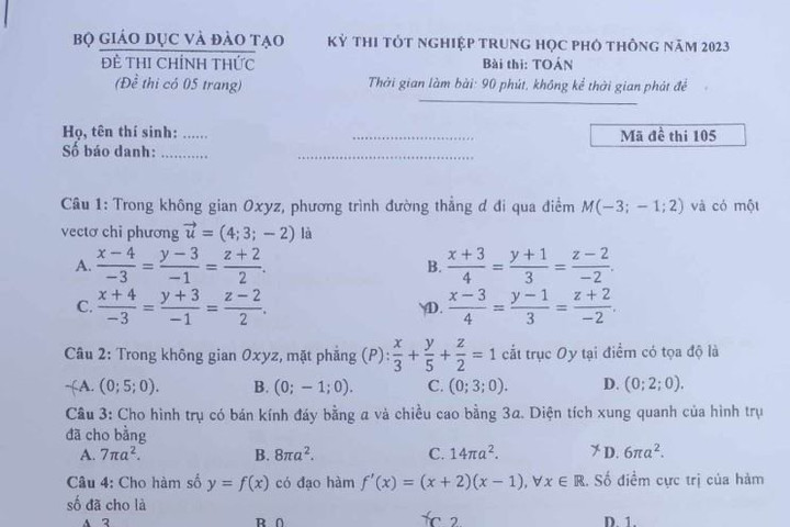 Thi tốt nghiệp THPT 2024: Đề thi và đáp án môn Toán