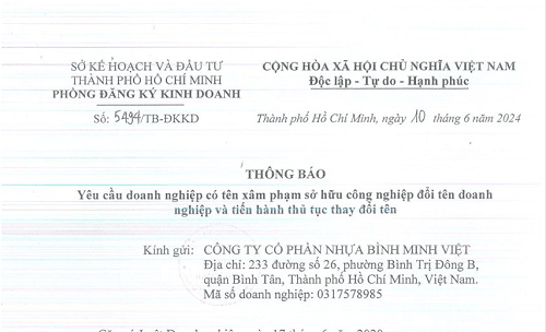 Yêu cầu Công ty cổ phần Nhựa Bình Minh Việt thay đổi tên doanh nghiệp