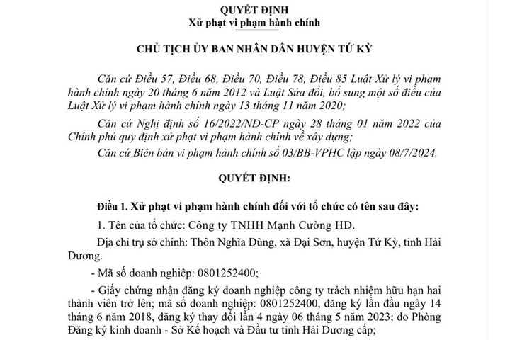Xây dựng công trình không phép, một công ty bị phạt 260 triệu đồng