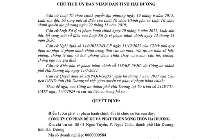 Vi phạm PCCC, Công ty Đê kè và Phát triển nông thôn Hải Dương bị phạt