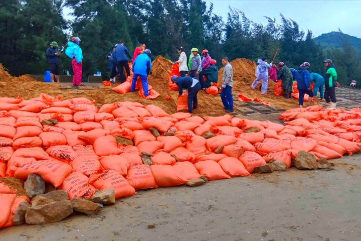 Hà Tĩnh: Hàng trăm người khắc phục xói lở, sụt lún kè biển