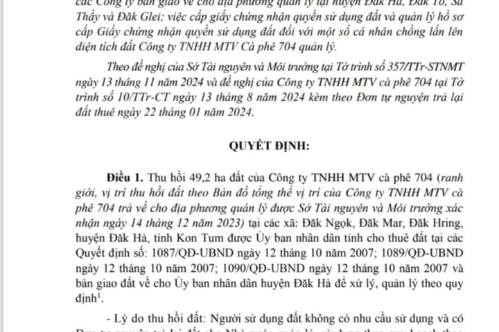 Kon Tum: Thu hồi hơn 49 ha đất của Công ty TNHH MTV cà phê 704
